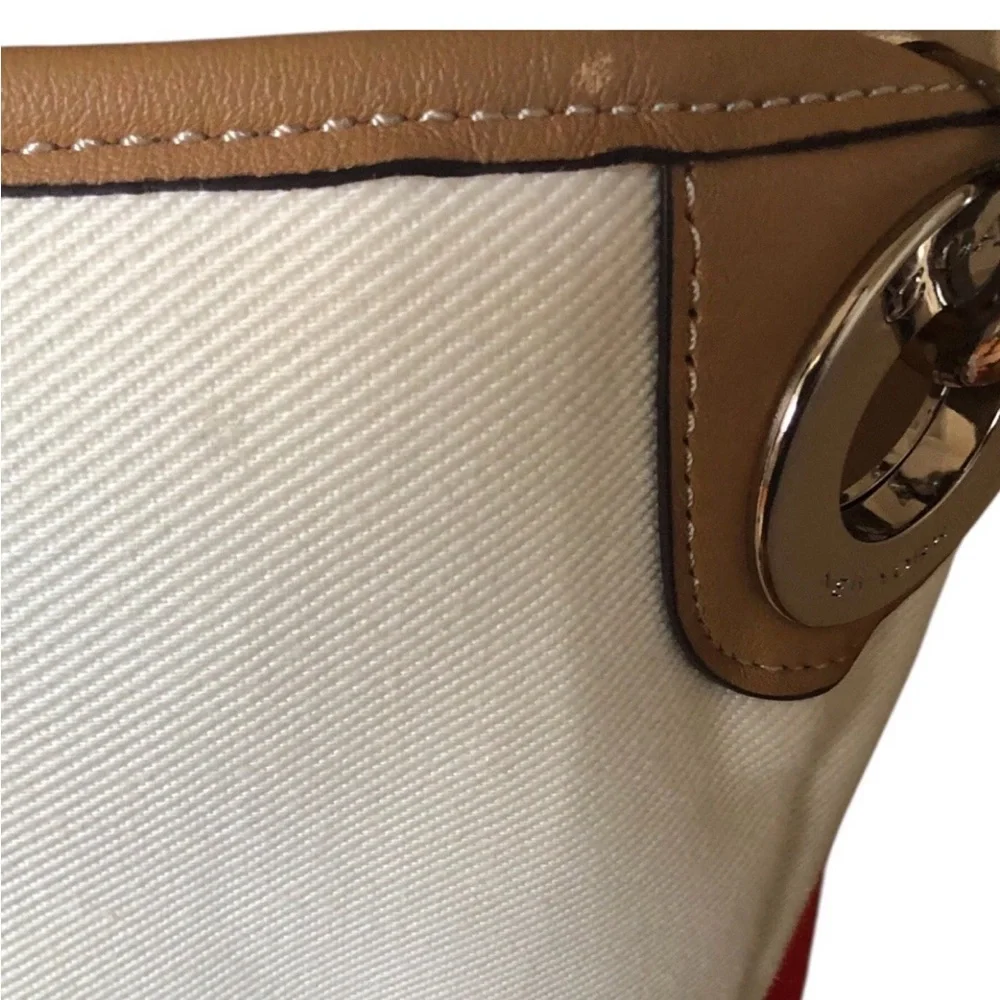 COACH Hadley Variegated Coral & Beige Striped Canvas Leather Duffel Tote Bag